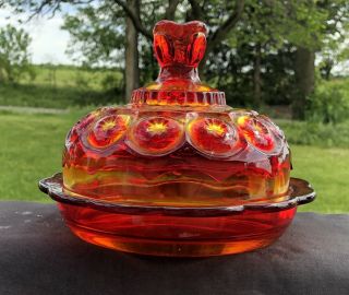 Vintage Le Smith Moon & Stars Amberina Glass Covered Butter/cheese Dish Plate
