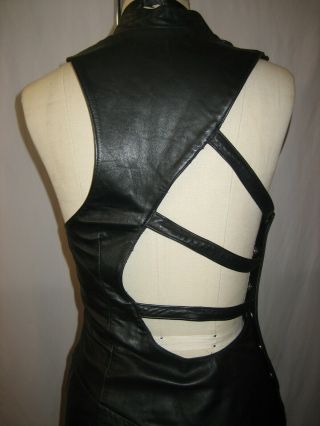 Vtg 1980s 90s Firenze Soft Leather Cut Out Strappy Open Back Snap Wiggle Dress S