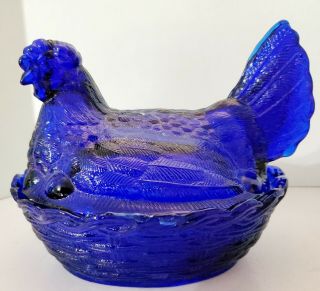 Cobalt Blue Glass Hen On Nest Basket Chicken Covered Candy Dish 6 Inch