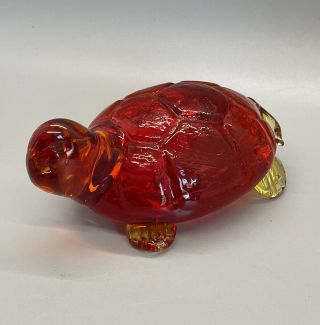 Vintage Pilgrim Art Glass Red Orange Amberina Turtle Paperweight Figurine 1970’s
