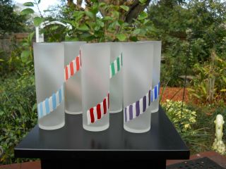 Vintage Libbey Tom Collins Stripe Frosted Tumblers Barware Glasses Set Of 6