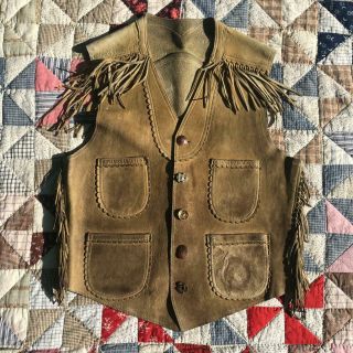 Vintage 1930s Buckskin Leather Western Cowboy Vest : 6 " Fringe & Awesome Buttons
