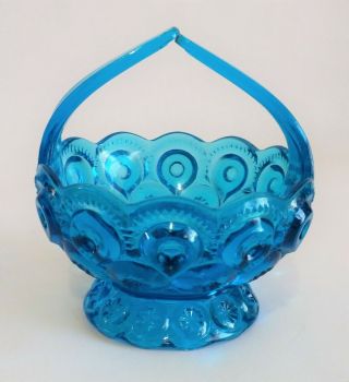 Vintage L.  E.  Smith Moon & Stars Split Handle Footed Blue Basket Candy Dish 5 "