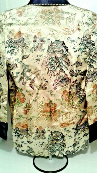Vintage 50s Sz M Asian Tapestry Dress Jacket Smoking Gold Boats Black Satin