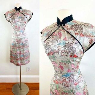 Vintage Bombshell Wiggle 1950s Silver Brocade Cheongsam Dress Qipao