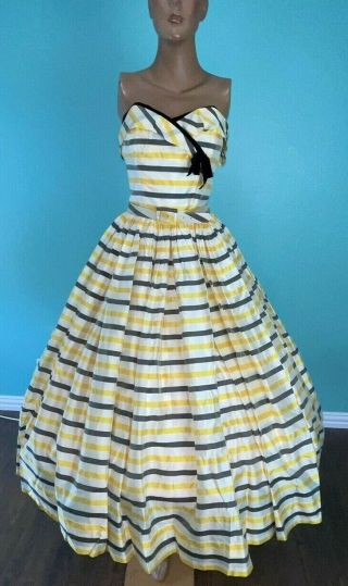 Vintage 50s Yellow Stripe Strapless Full Skirt Party Prom Silk Dress - S/m