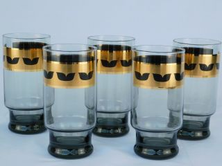 (5) Vintage Mcm Smoke Bar Glasses With Black And Gold Metallic Design Glassware