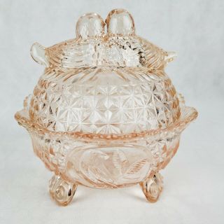Vintage Pink Lovebirds Cut Glass Candy Dish With Lid 3 Feet Depression Glass