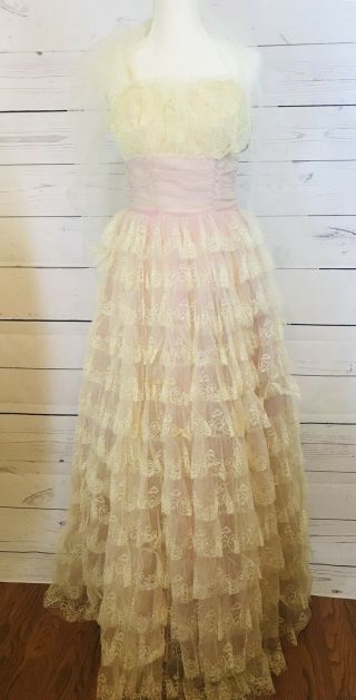Vintage 50’s Prom Dress Pink/lilac Ivory Loaded W/lace And Tulle Handmade 32 " B