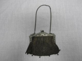 Antique German Silver Mesh Purse Handbag With Monogram " Jl " Acanthus Leaf Frame