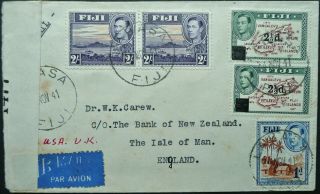 Fiji 24 Nov 1941 Censored Trans - Pacific Airmail Cover From Labasa To Isle Of Man