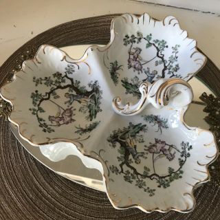 Vintage Divided Candy Nut Dish 3 Section Victorian Lovers Handle Cream Gold 7054