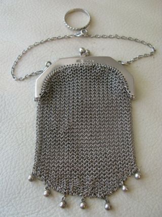 Antique Sheffield Sterling Silver Finger Ring Mesh Chatelaine Coin Purse 1932