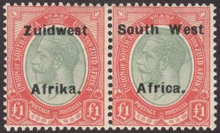 South West Africa 1926 Kgv Zuidwest 9½mm Gap Opt £1 Pair Sg40a Cat £300