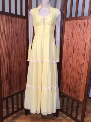 Vintage 1970s Gunne Sax Style Yellow Maxi/long Dress Xs Ivory Lace Slv Prairie