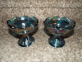 Vintage Indiana Blue Iridescent Carnival Glass Candle Holders W/ Harvest Grapes