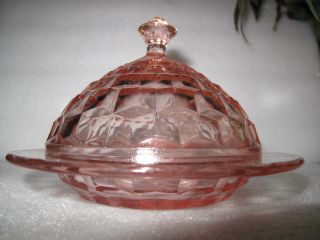 Cube / Cubist Jeannette Depression Glass Round Pink Butter Dish & Lid