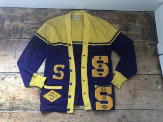 Vintage 1950s Purple Yellow Letterman Sweater Saltillo Pa Hs Varsity S Patch