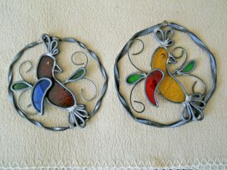 2 Vintage Hand Crafted Stained Glass Distelfink Suncatchers / Pa Dutch Bird
