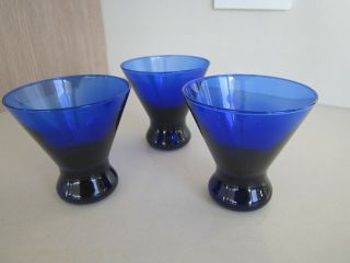 Set 3 Vintage Stemless Martini Wine Tumbler Glass Cobalt Blue Midcentury Modern