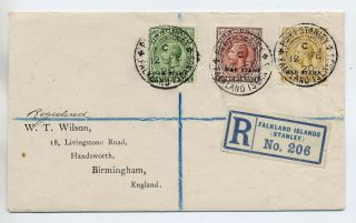 Falkland Islands 1920 Registered Cover To England Bearing War Tax Trio To 1/ -