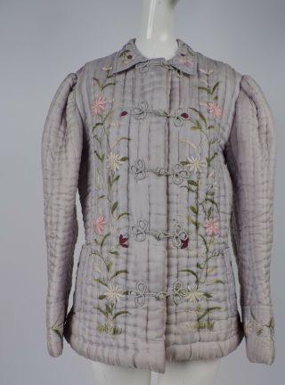 Victorian 19th C Silk De Chine Bustle Back Jacket W Floral Embroidery