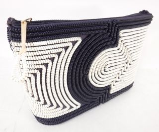 Retro Vtg Navy & White Telephone Cord Handbag Purse Shoulder Bag Zippered 1940 