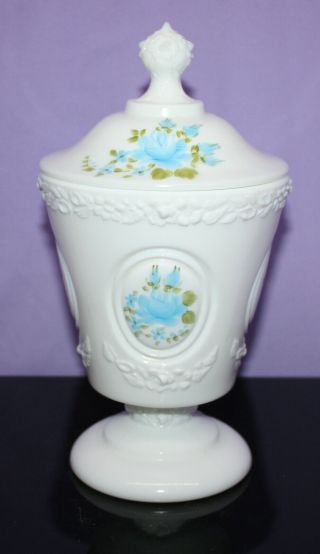 Vintage Fenton Covered Jar W/ Lid Hand Painted Blue Flowers Signed By J.  Brown