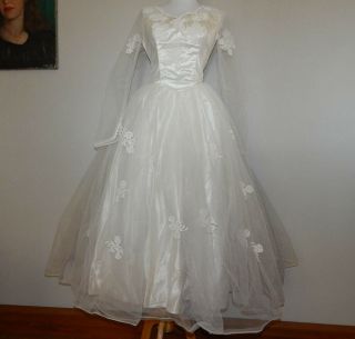 Vintage 50s Cream Tulle Satin Lace Full Skirt Wedding Bridal Gown Dress