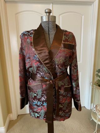 Vintage Mens Sz 44 Smoking Dinner Jacket Robe Tailored Chinese Silk Brocade