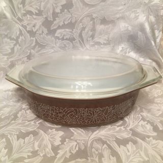 Vtg Pyrex Woodland Brown Casserole Baking Dish & Clear Glass Lid For Oven