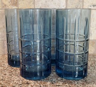 Set Of 4 Vintage Blue Anchor Hocking Tartan Plaid Grid Tall 6 " Glasses
