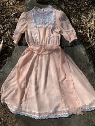 Gunne Sax By Jessica Mcclintock Vintage Peach Dress Satin & Lace Size 11