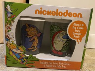 Nickelodeon Ren And Stimpy Pint Glasses Set Of Two W/ Ice Cube Tray Rare Nick