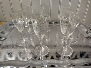 Set Of 7 Vintage Etched Crystal Cordial Glasses