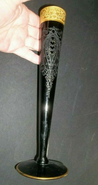 Vtg Black Etched Glass Vase For Long Stem Rose With Gilt Trim - 10 1/8 " Tall
