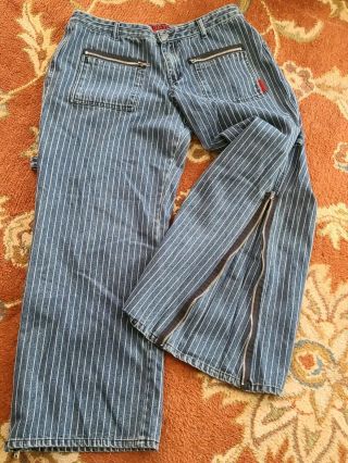 Vintage Tripp Nyc Blue Denim Pinstripe Zippered Zip Flare Leg 37 " Sz 16 Euc