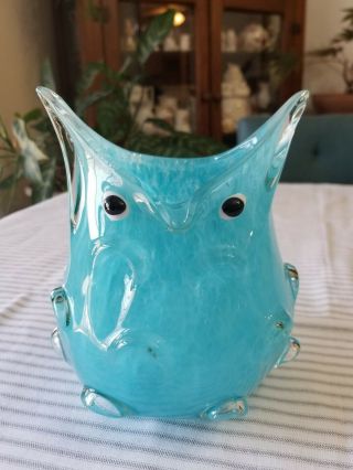 Art Glass Owl Vase Planter Holder Murano Style Light Blue