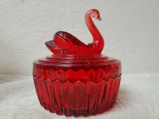 Vintage Swan Red Glass Powder Jar With Lip Stick Holder Vanity Dish