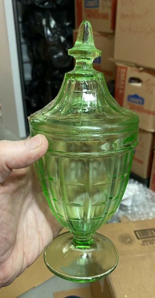 Depression Glass Hazel Atlas Colonial Block Covered Candy Jar Exc Green
