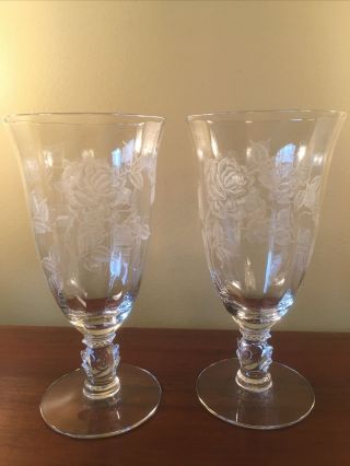 2 Vintage Heisey Rose Crystal 6 3/4 " Footed Ice Tea Glasses W/ Rose Etch 12 Oz.
