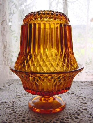 Vintage Amber Flared Art Glass Footed Fairy Lamp Tea Light Candle Holder W Shade