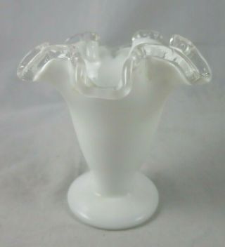 Vtg Fenton Silver Crest Pressed Milk Glass Vase Clear Double Crimped Rim Ruffles