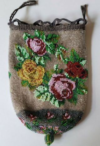 Antique Or Vintage Micro Beaded Purse Evening Bag Floral
