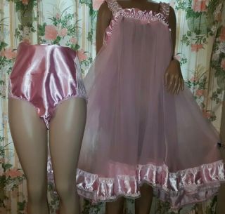 Custom 2 Pc Pink Satin Sheer Chiffon Nylon Sissy Babydoll Panty 48w 46b