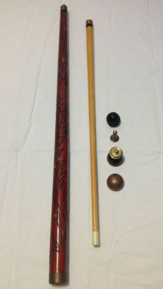 Antique Gadget Cane Walking Stick Billiards Pool Cue W/ Compartments Carved Wood