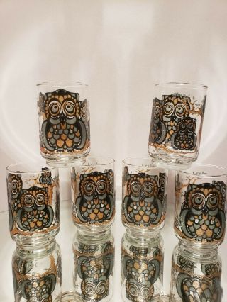 Set Of 6 Vintage Libbey Stained Glass Raised Owl Juice Glasses Tumblers 4.  5 "