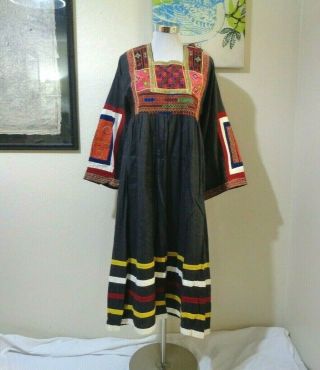 1970s Afghan Gray Cotton Blend Embroidered/appliqued Folk/boho/hippie Dress