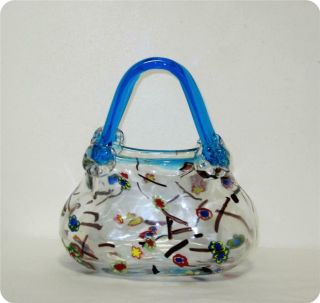 Murano Style Clear Art Glass Vase Floral Blue Handle Purse Millefiori