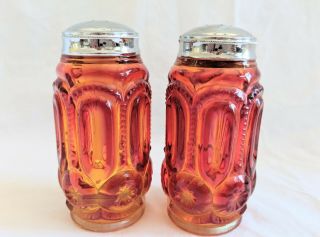 Vintage Le Smith Moon And Stars Orange Amberina Salt & Pepper Shaker Set Glass